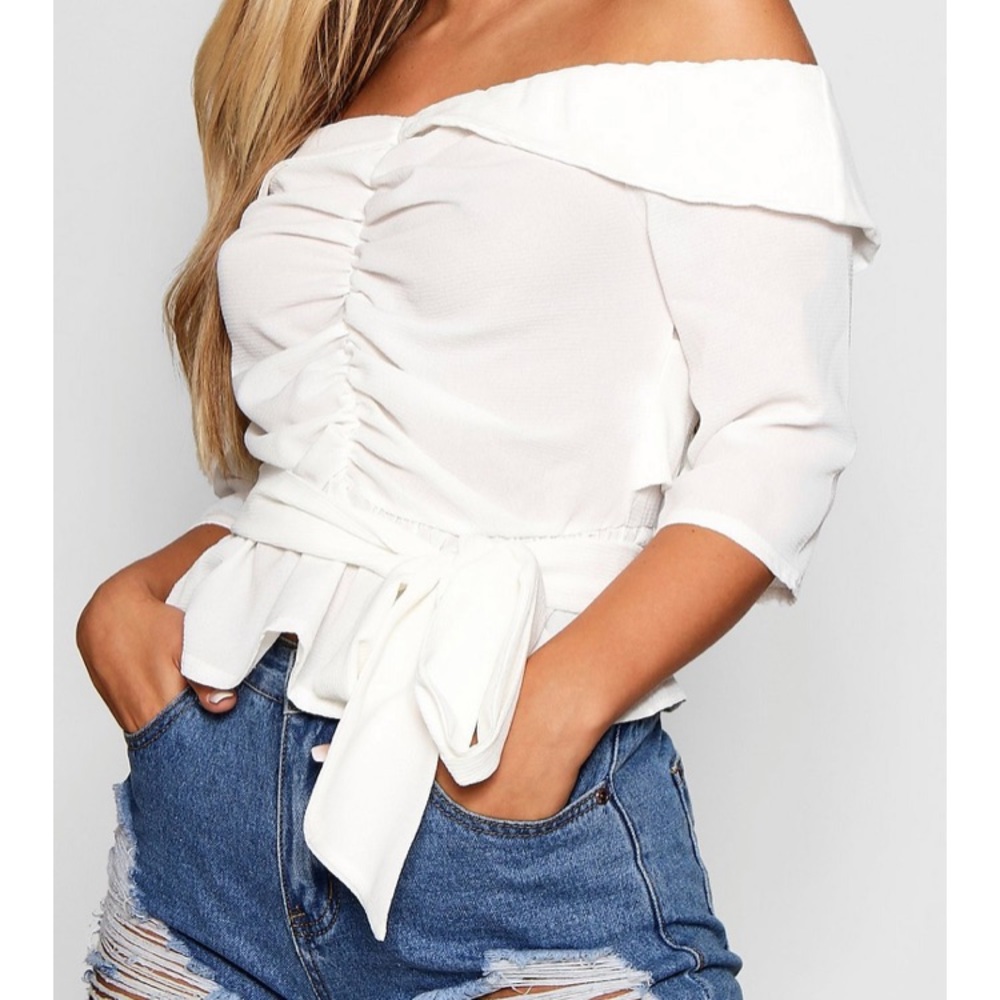 BOOHOO Ruched Off The Shoulder Tie Top size 20